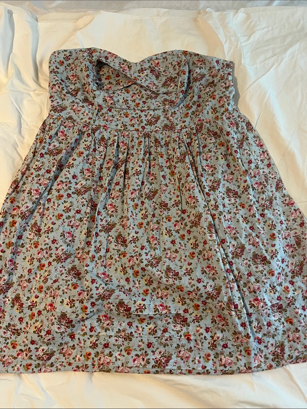 Deb Strapless Floral Sundress in Light Blue with Pink & Red Roses